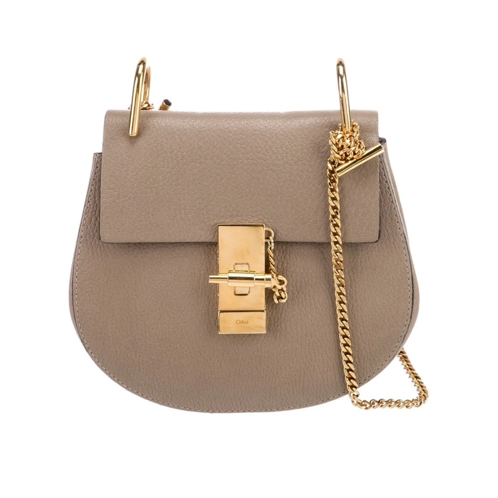 Chloé Drew Shoulder Bag Taupe Grained Leather Gold Chain